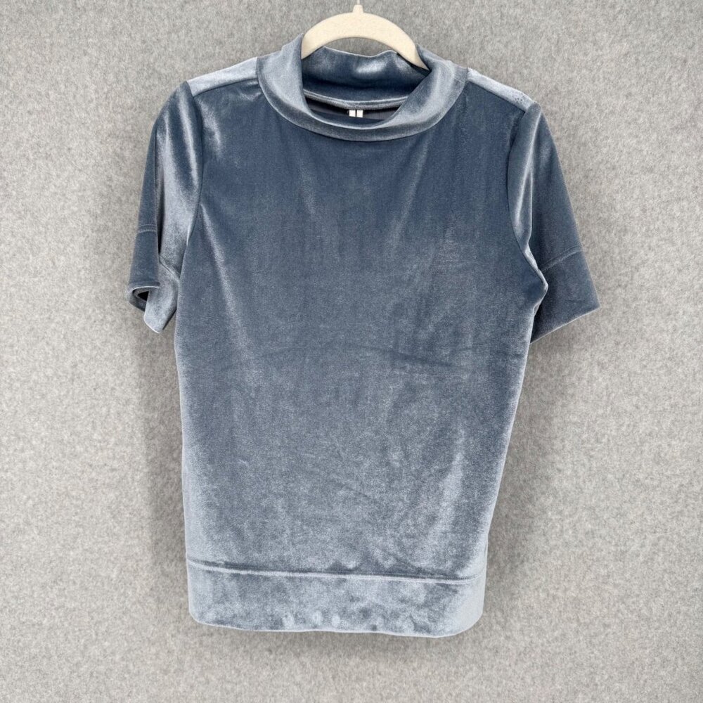 Anthropologie Krisha Velvet Mock Neck Top Size XS Dusty Blue Shine Short Sleeve